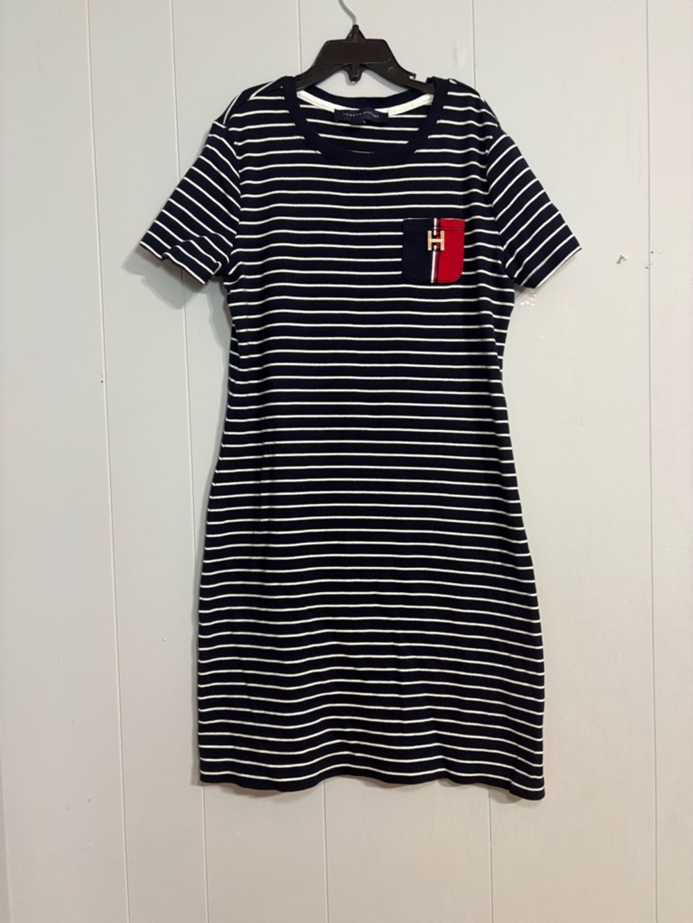 Tommy Hilfiger Navy & White Striped Mini Dress with Red Pocket Accent